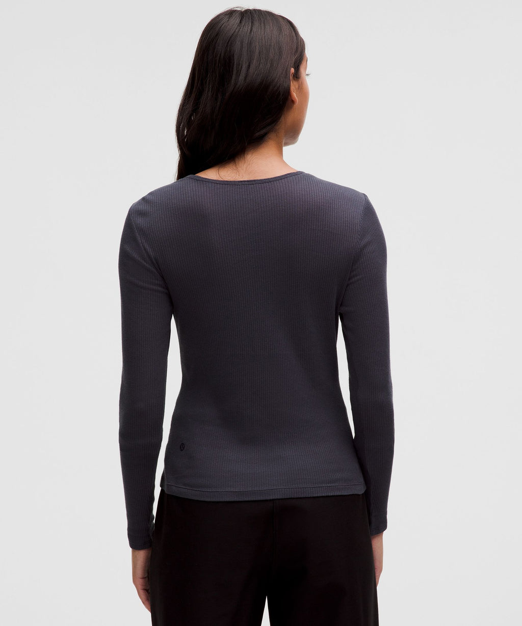 Sheer Cotton Ribbed Crewneck Long-Sleeve Shirt